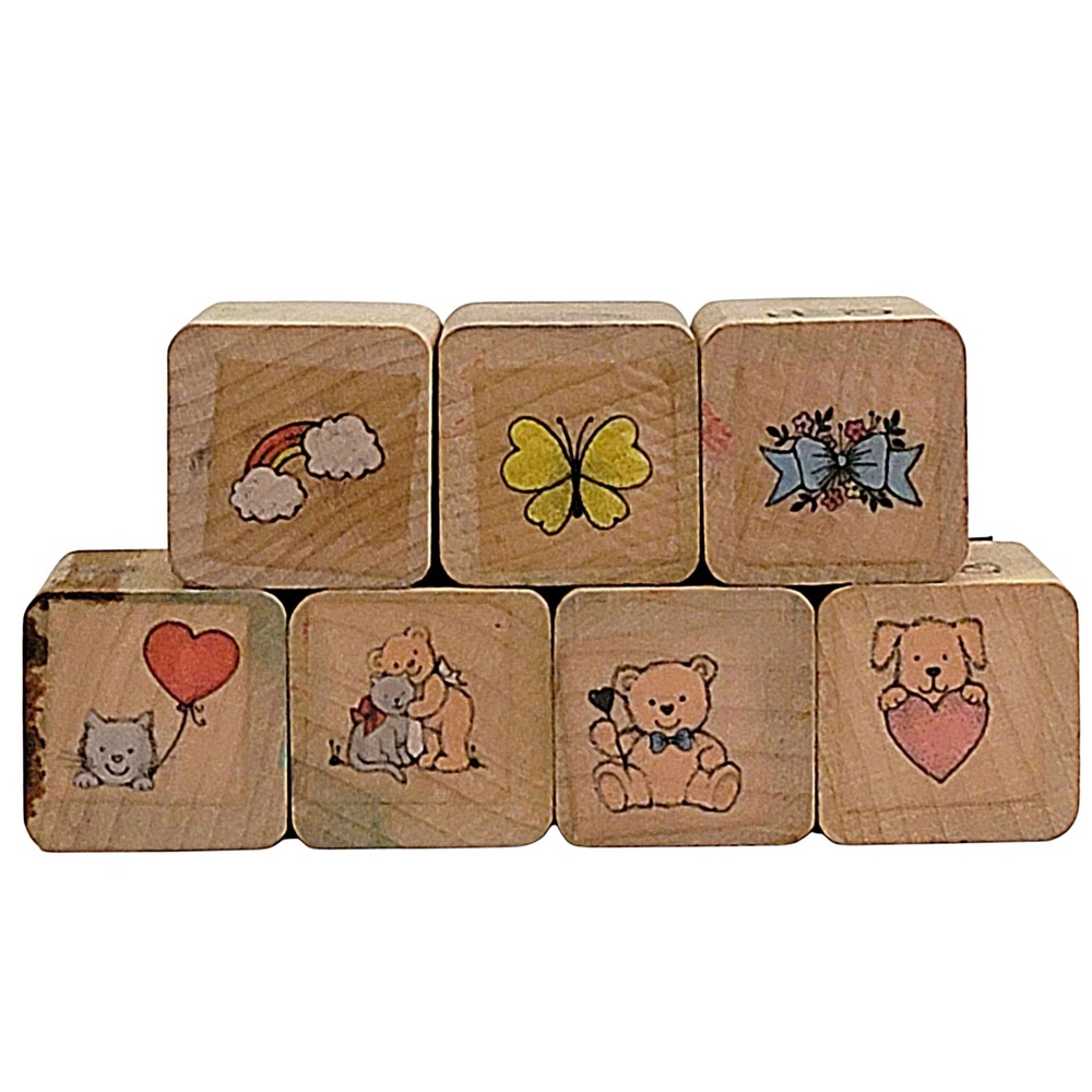 VTG Mini Rubber Stamp Set 7pc‎ Teddy Bear Cat Puppy Rainbow Butterfly Wood Mount